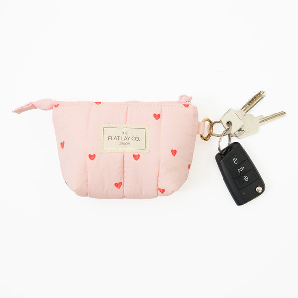Padded Essential Pouch & Mini Keyring Bundle - Sweet Pink Hearts