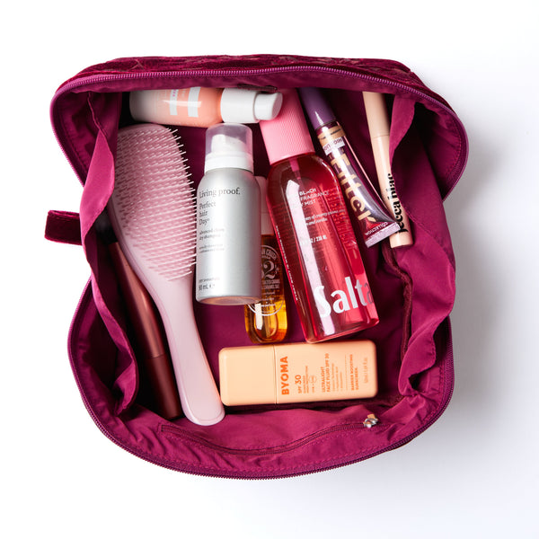 Flat Lay Makeup Box Bag - Dark Cherry Bloom Velvet