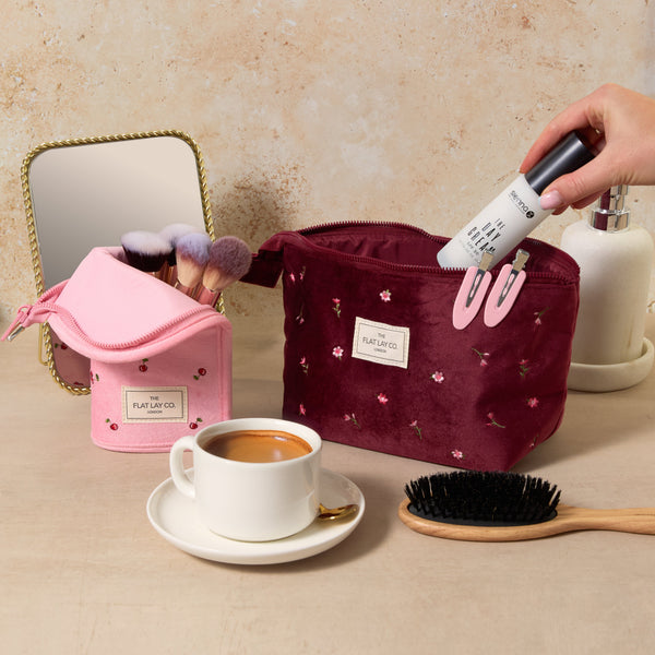 Essential Makeup Pouch - Ditsy Roses Burgundy Embroidered Velvet